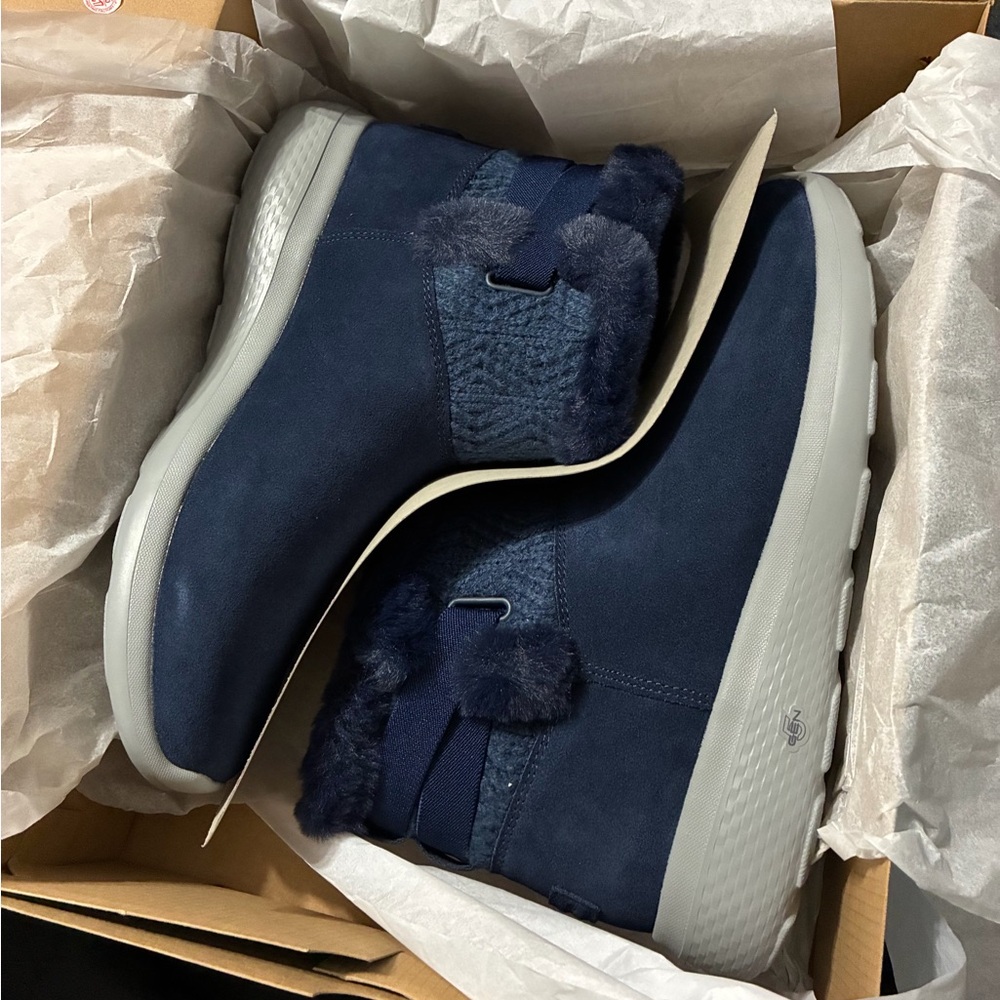 Navy Suede Slip-On Sneakers with Faux Fur Trim